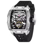 Motorsport-inspired sport-luxury skeleton watch with tonneau case and black rubber strap