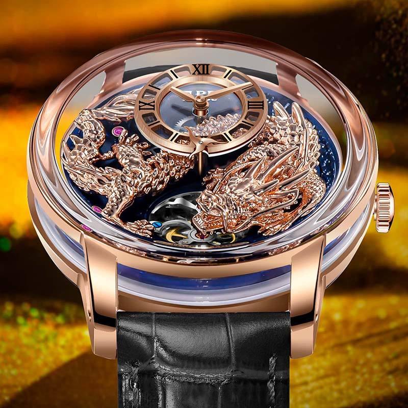 Luxury rose gold watch with intricate dragon motif, openwork dial, and black leather strap