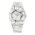 Marble-patterned sport-luxury watch with date display and bold white and black design