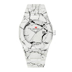 Marble-patterned sport-luxury watch with date display and bold white and black design