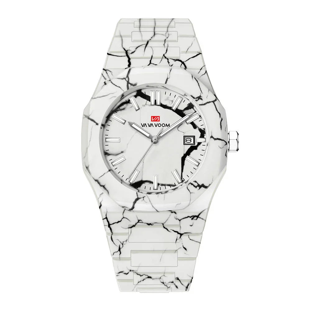 Marble-patterned sport-luxury watch with date display and bold white and black design