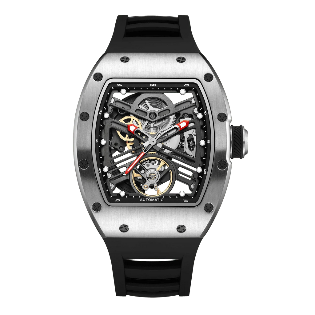 Skeleton dial automatic sport-luxury watch with visible gears, racing-inspired design, black strap