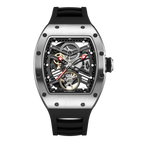 Skeleton dial automatic sport-luxury watch with visible gears, racing-inspired design, black strap