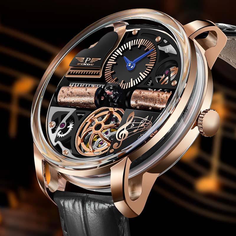 Luxury skeleton watch with rose gold case, musical accents, and exposed gears on black leather strap