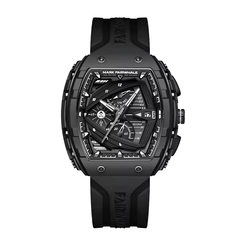 Black motorsport-inspired luxury watch with bold angular case, chronograph dials, and rubber strap