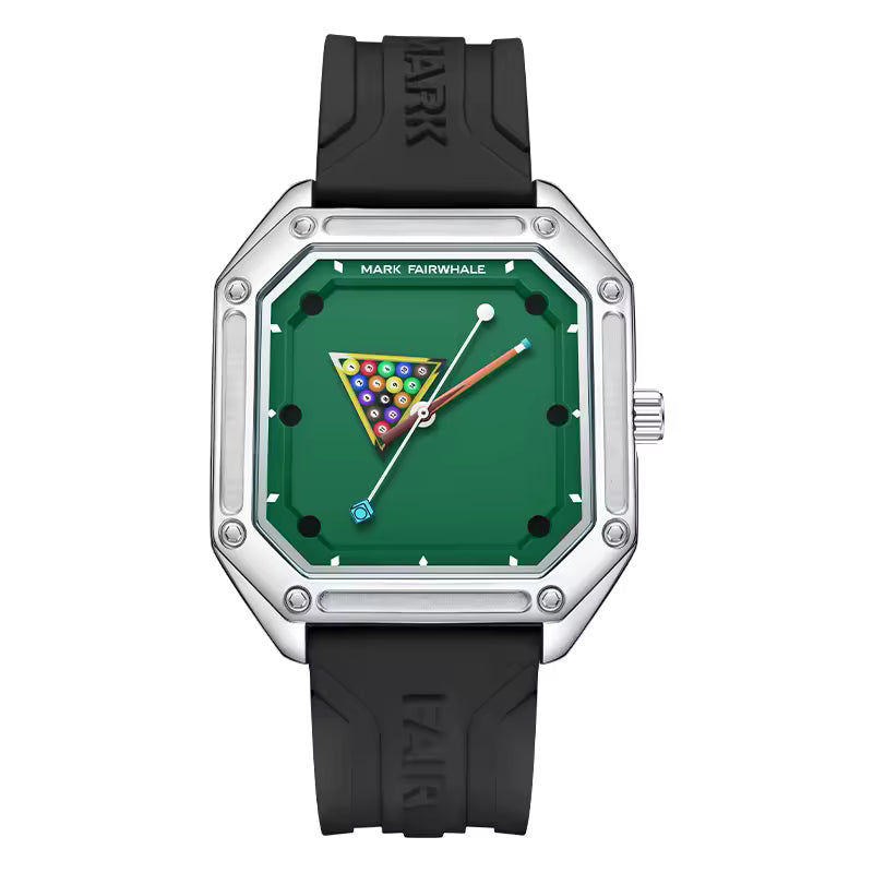 Square watch with green dial, billiard triangle design, black rubber strap, sporty luxury style