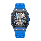 Blue tonneau-shaped sport luxury watch with skeleton dial and racing-inspired details