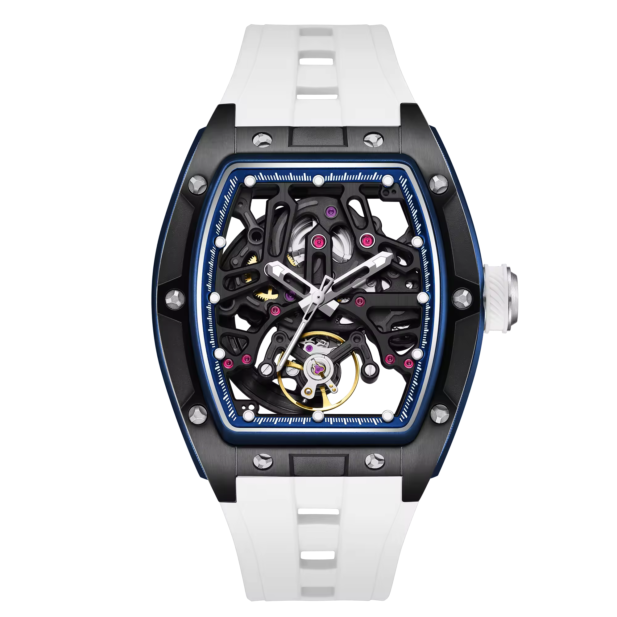 Skeleton dial racing-inspired luxury watch with tonneau case and white strap