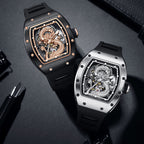 Luxury sport-inspired watches with dragon skeleton dials, bold case design, and rubber straps