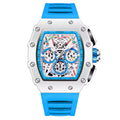 Motorsport-inspired skeleton dial watch with bold white case and blue rubber strap.