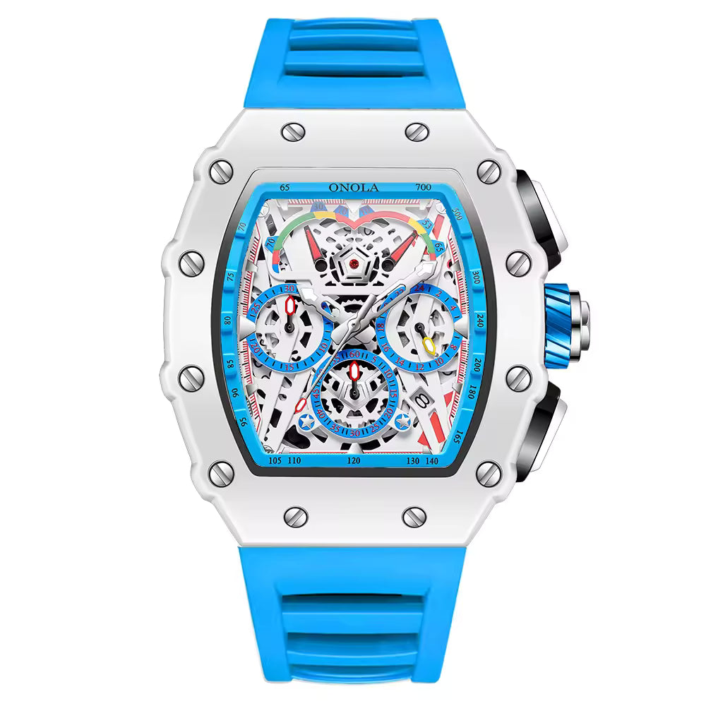 Motorsport-inspired skeleton dial watch with bold white case and blue rubber strap.