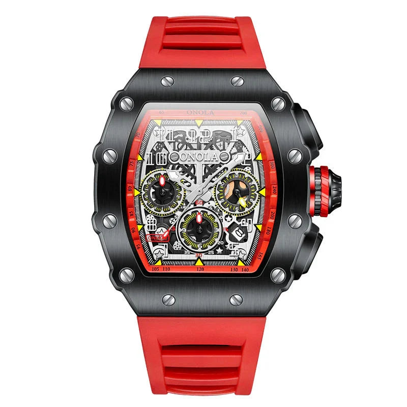 Bold racing-inspired sport watch with red strap, tonneau case, and skeleton chronograph dial