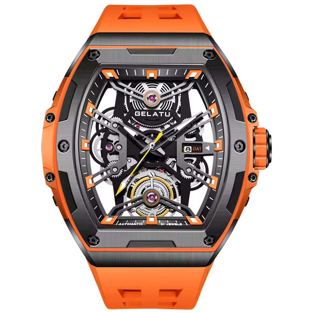 Motorsport-inspired luxury skeleton watch, orange rubber strap, tonneau case, modern design