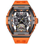 Motorsport-inspired luxury skeleton watch, orange rubber strap, tonneau case, modern design