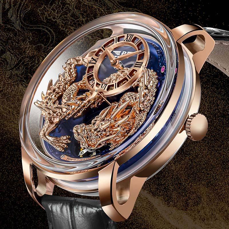 Luxury rose gold homage watch with intricate dragon dial, sapphire glass, and black leather strap