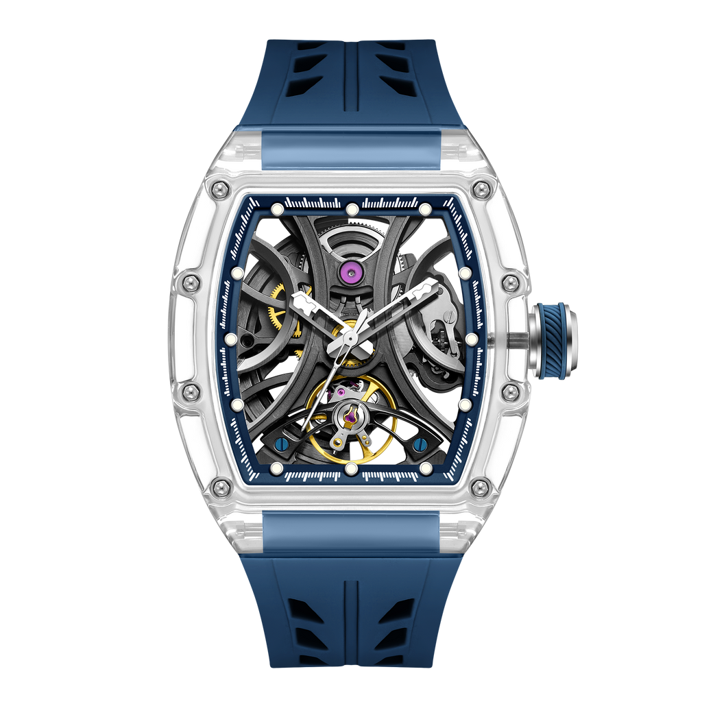 Luxury skeleton watch with transparent case, blue strap, exposed mechanical movement, motorsport-inspired design