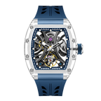 Luxury skeleton watch with transparent case, blue strap, exposed mechanical movement, motorsport-inspired design