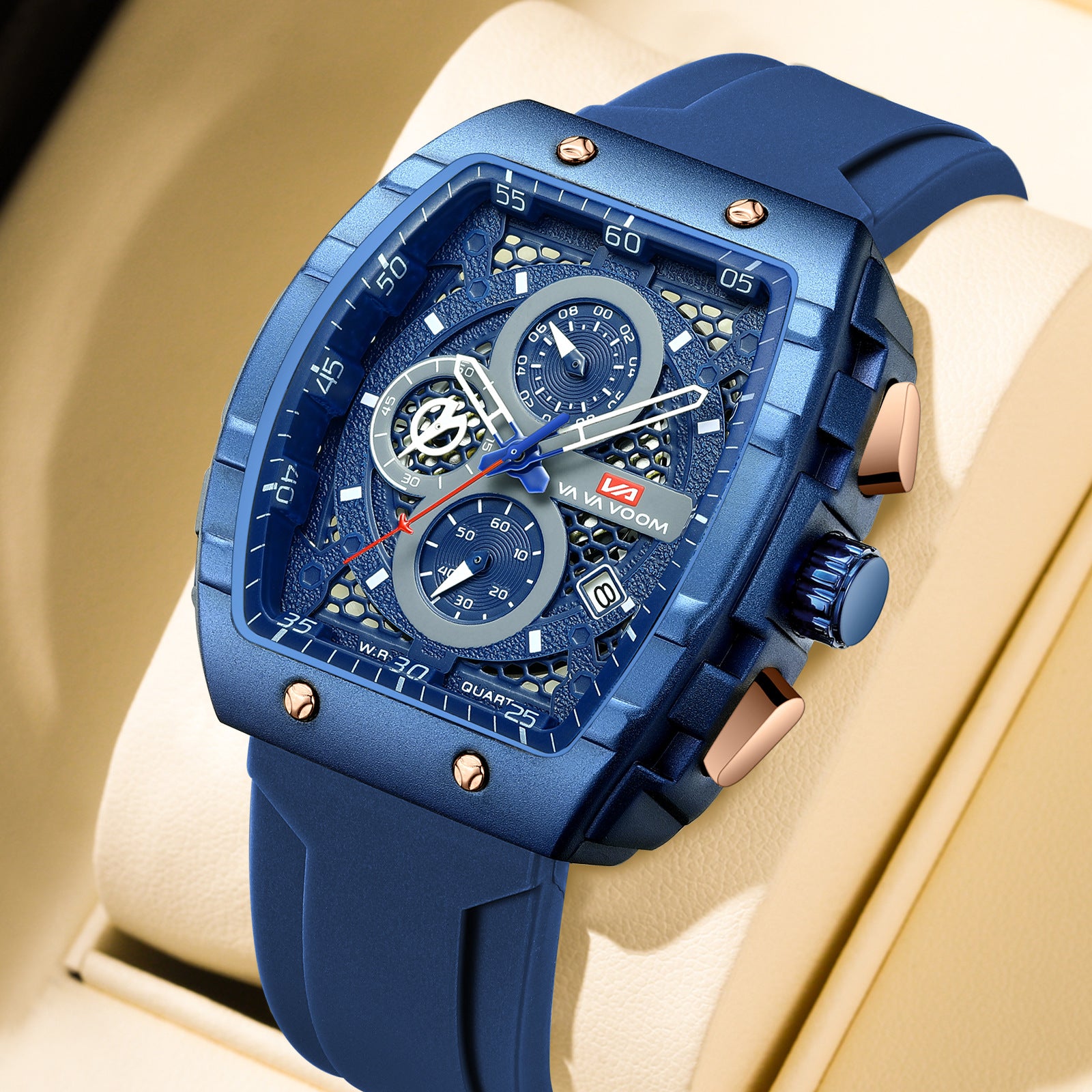 Blue luxury chronograph watch with bold design, motorsport-inspired case, and rubber strap on cream leather