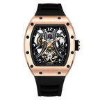 Luxury automatic skeleton watch with rose gold case, sporty black strap, motorsport-inspired design