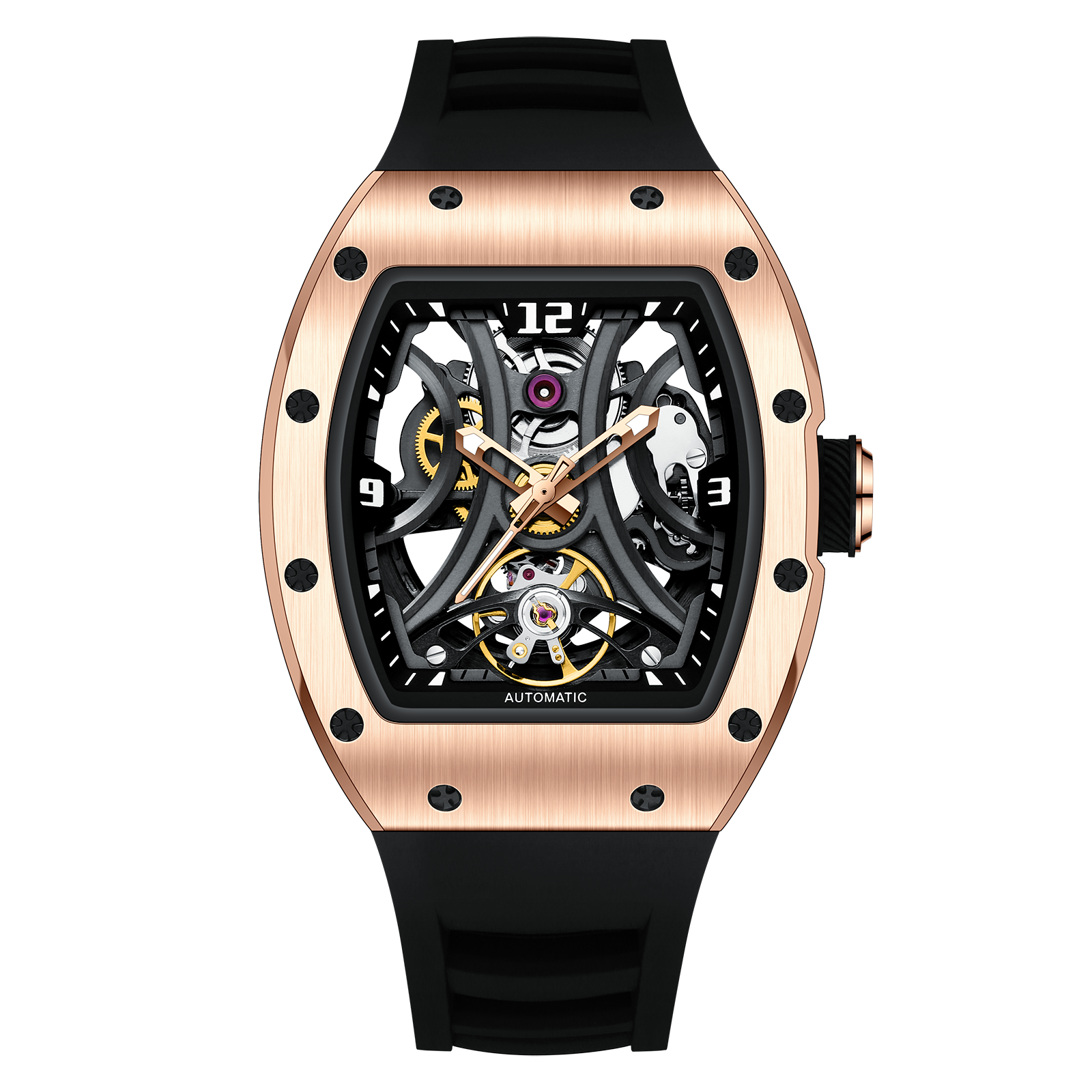Luxury automatic skeleton watch with rose gold case, sporty black strap, motorsport-inspired design