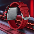 Racing-inspired sport luxury watch with red silicone strap, brushed steel back, and bold design