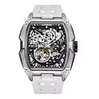 Skeleton dial luxury sport watch with tonneau case, diamond accents, and white strap
