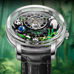 Luxury sport watch with panda and bamboo-themed dial, high-detail case, black leather strap