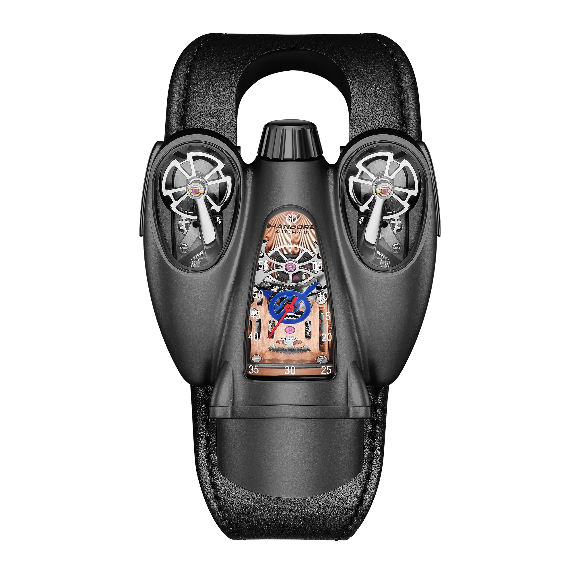 Motorsport-inspired luxury watch with dual exposed gears and bold, modern sport-luxury design.