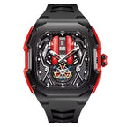Luxury sport-inspired watch with bold black and red case, skeleton dial, and racing details
