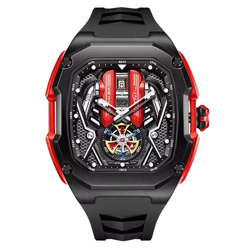 Luxury sport-inspired watch with bold black and red case, skeleton dial, and racing details