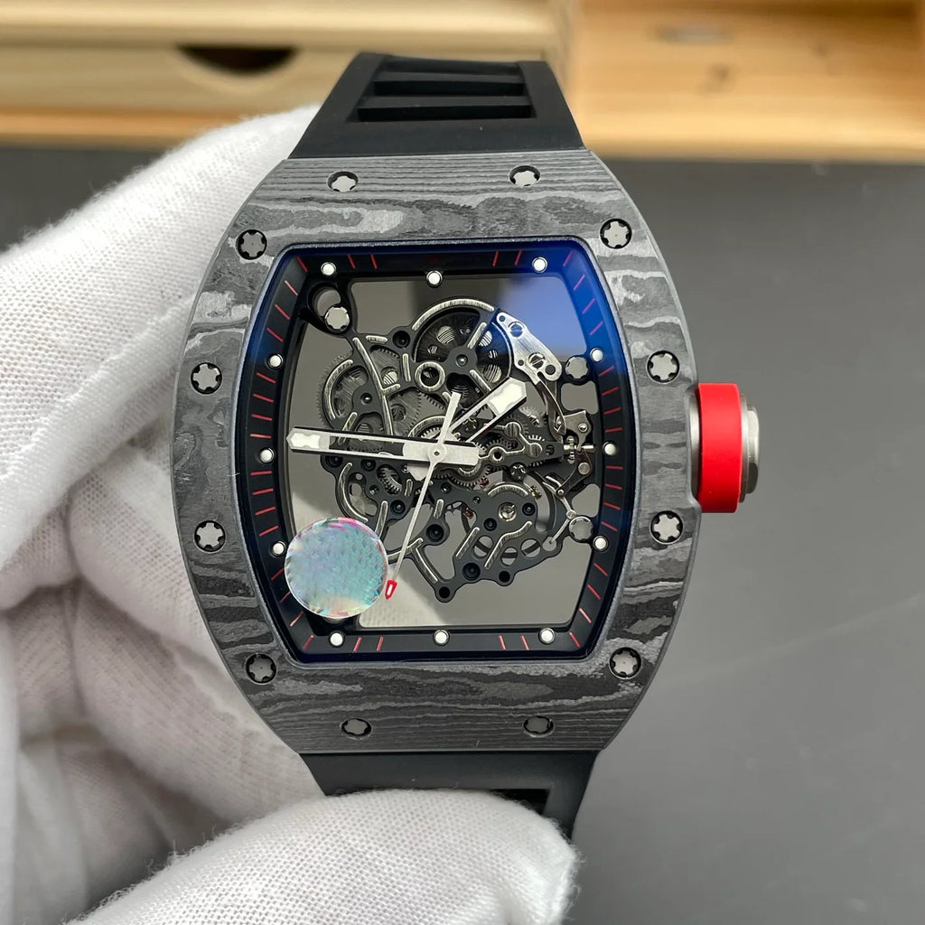 Luxury skeleton dial sport watch with carbon fiber case, bold red crown, and black strap