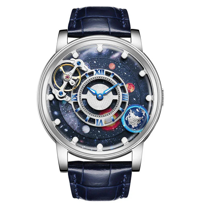 Luxury sport-inspired watch with galaxy dial, exposed movement, blue alligator strap, European design