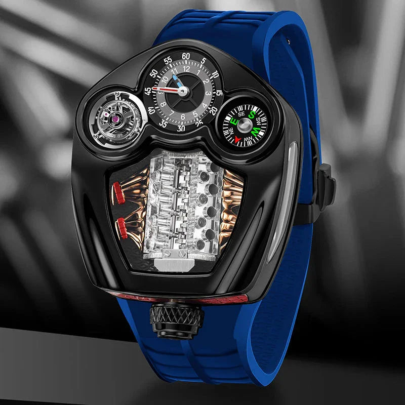 Motorsport-inspired luxury watch with black case, blue strap, multi-dial face, and bold design