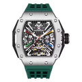 Luxury motorsport-inspired skeleton watch with brushed silver case, exposed gears, and green strap