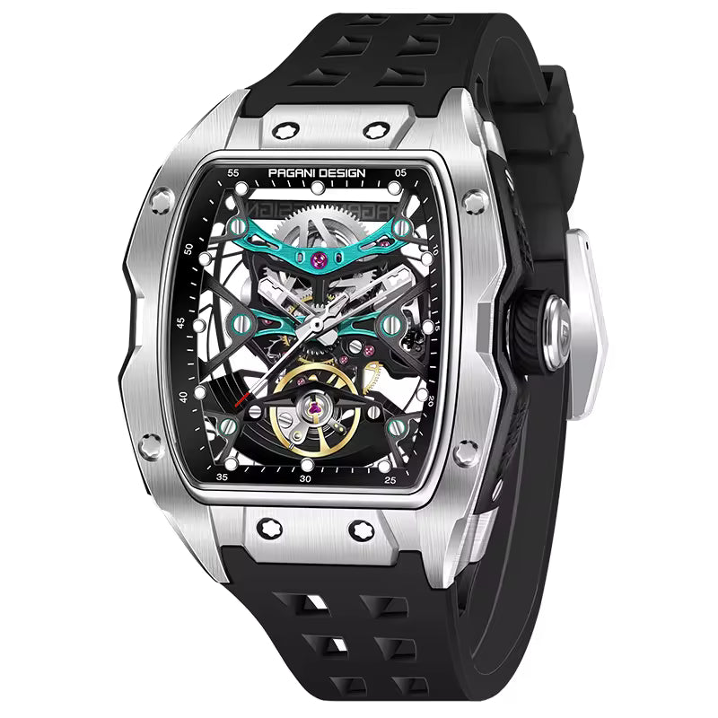 Motorsport-inspired skeleton dial watch with brushed metal case and black rubber strap