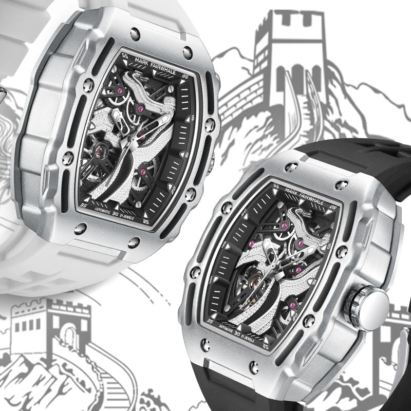 Two skeleton automatic sport-luxury watches with bold tonneau cases and visible mechanics.