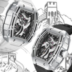 Two skeleton automatic sport-luxury watches with bold tonneau cases and visible mechanics.