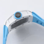 Close-up of a blue and white sport-luxury homage watch with bold case design