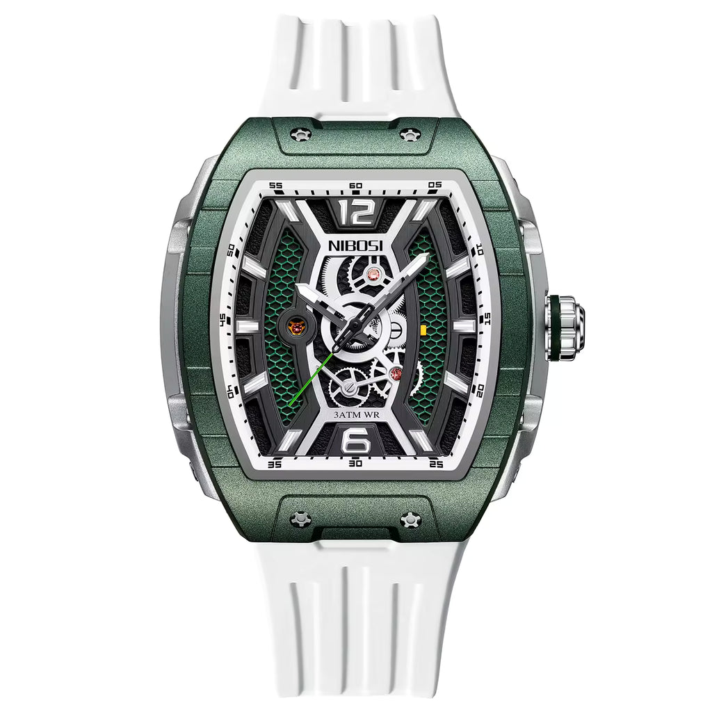 Motorsport-inspired green tonneau watch with visible mechanics, white strap, bold modern design