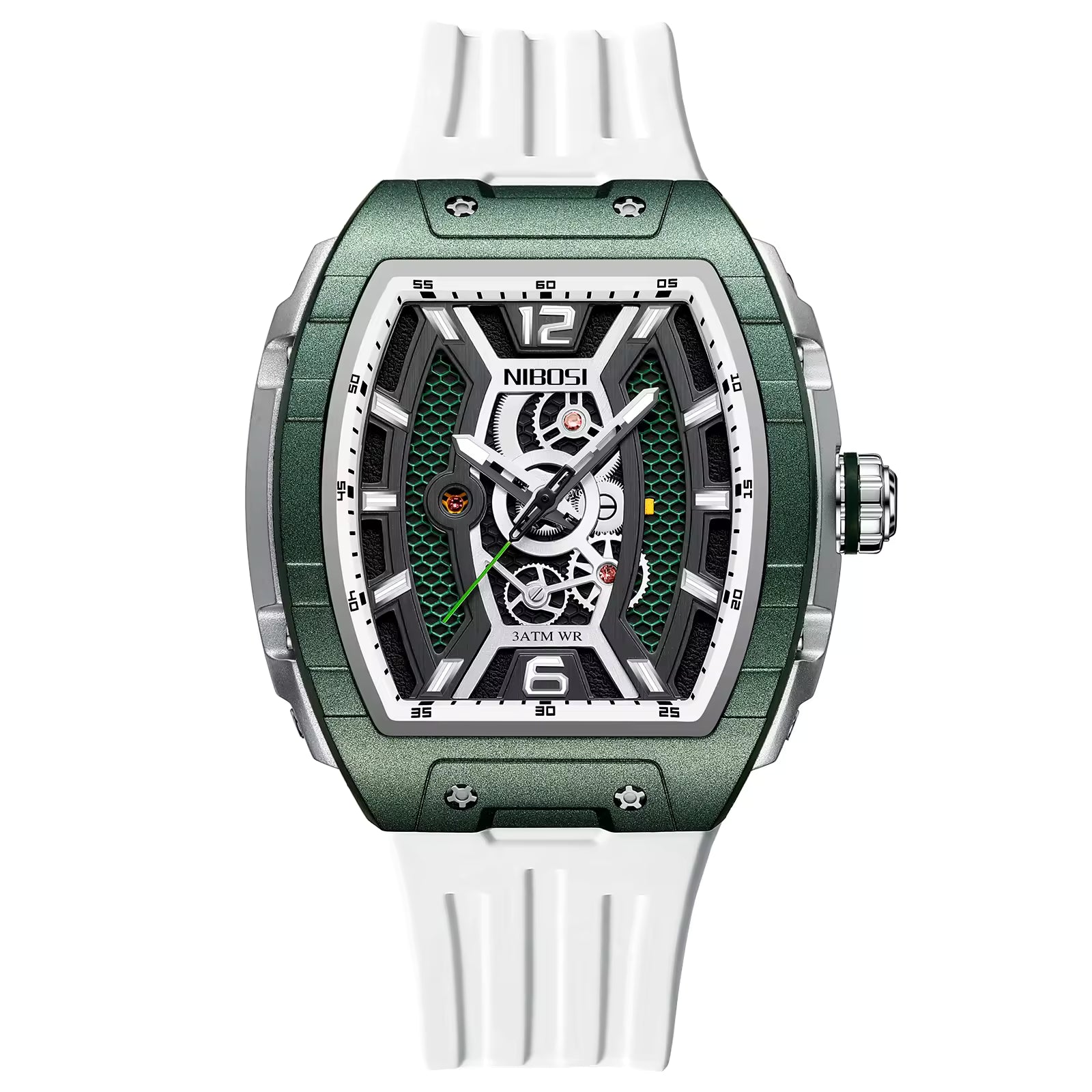 Motorsport-inspired green tonneau watch with visible mechanics, white strap, bold modern design