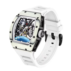 Luxury sport-inspired tonneau watch with white rubber strap, skeleton dial, and planetary design