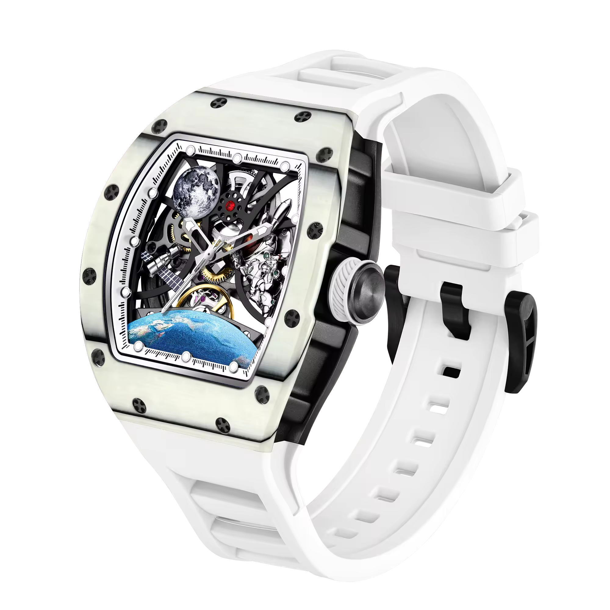 Luxury sport-inspired tonneau watch with white rubber strap, skeleton dial, and planetary design