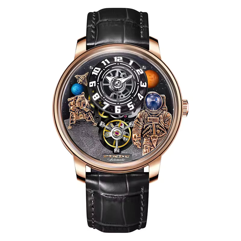Luxury sport-inspired watch with astronaut, planets, and openwork dial, black leather strap