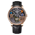 Luxury sport-inspired watch with astronaut, planets, and openwork dial, black leather strap