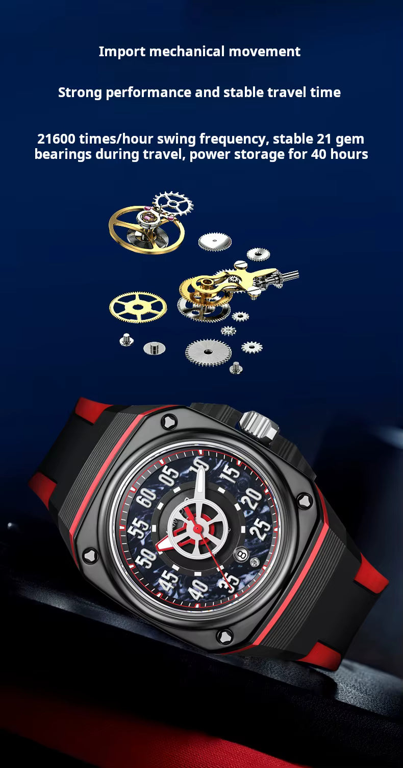 Luxury motorsport-inspired mechanical watch with black and red design, visible inner gears