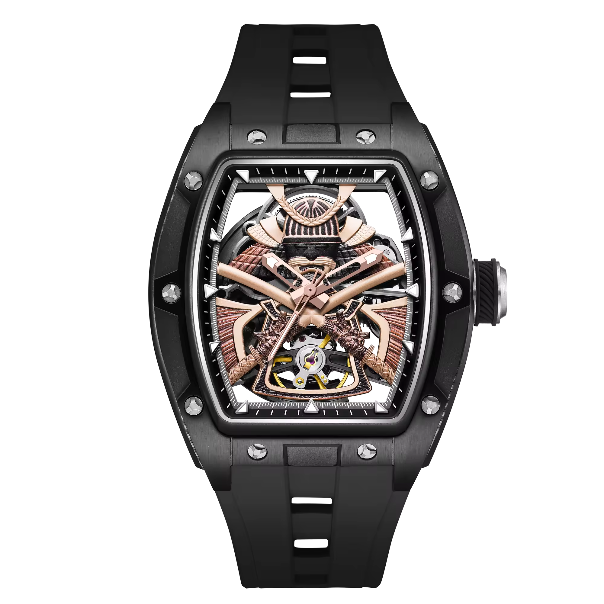 Luxury skeleton watch with tonneau black case, visible movement, and rose gold accents