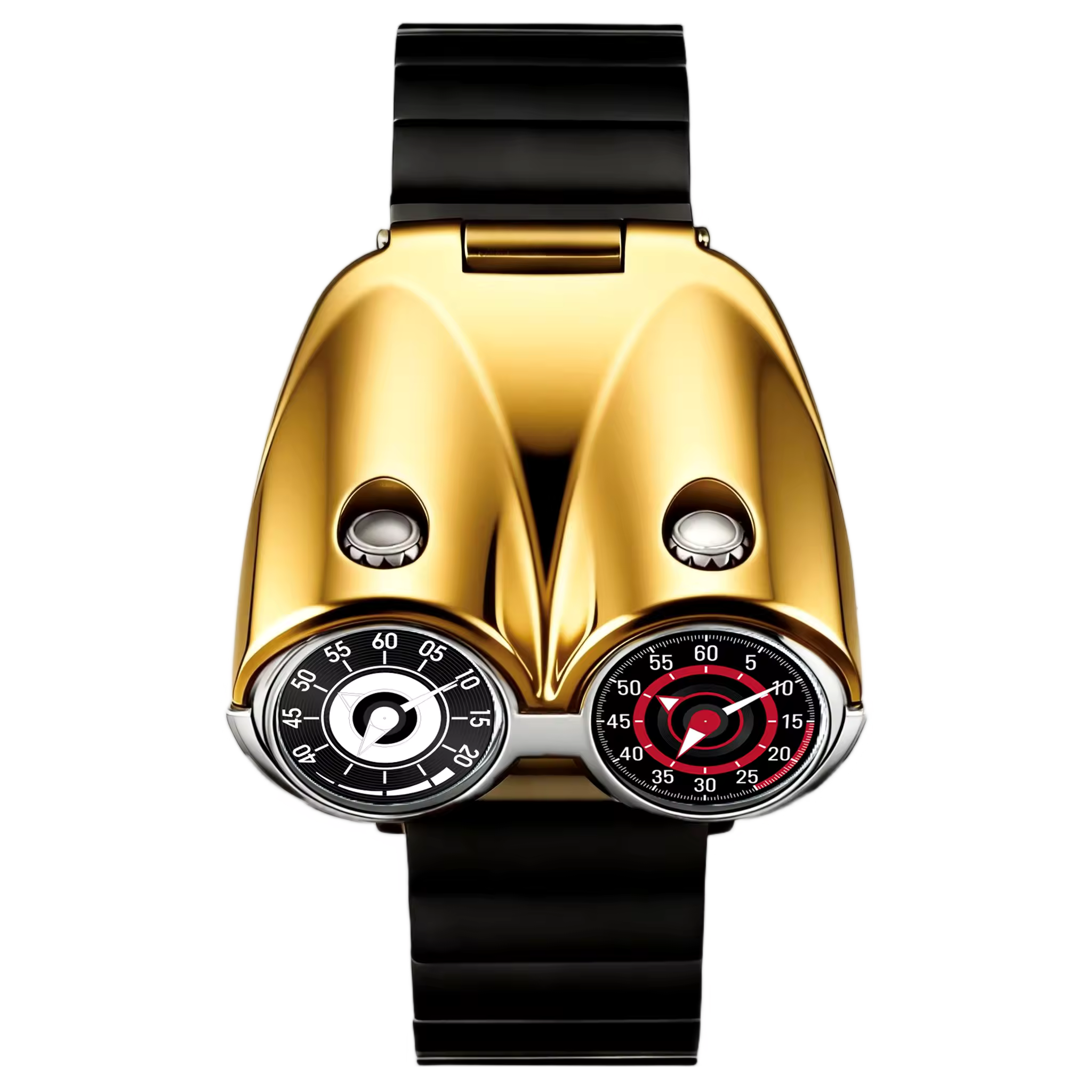 Gold racing-inspired dual-dial luxury watch with black strap and bold motorsport design.