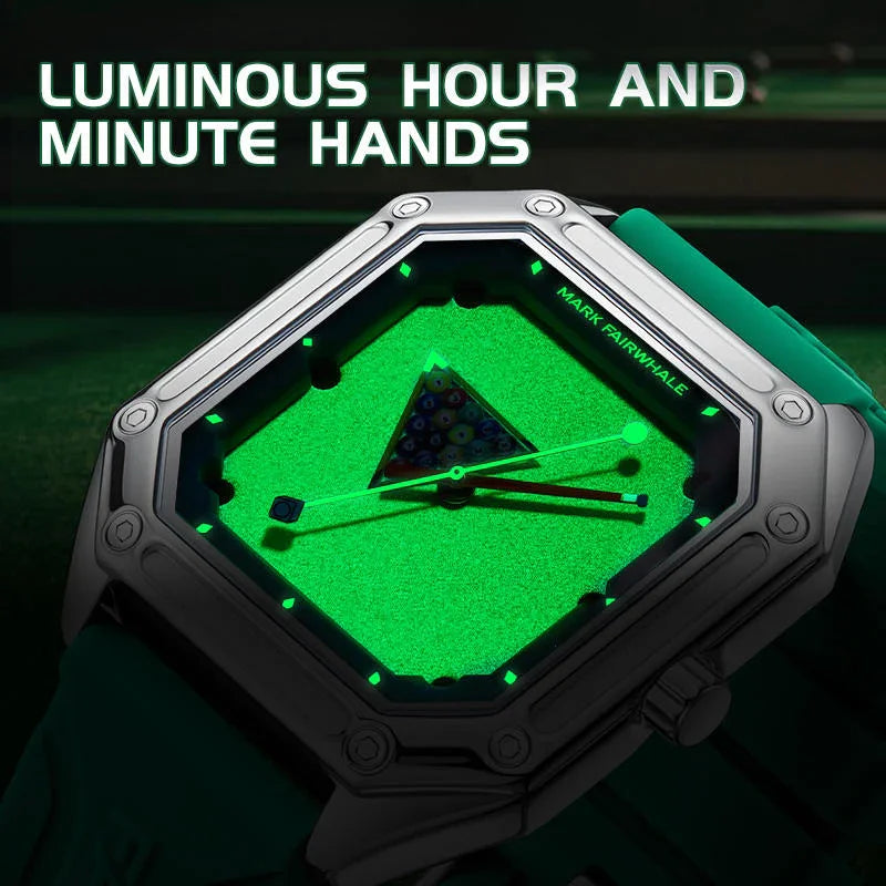 Sport-luxury watch with luminous green dial, octagonal case, and glowing hour and minute hands