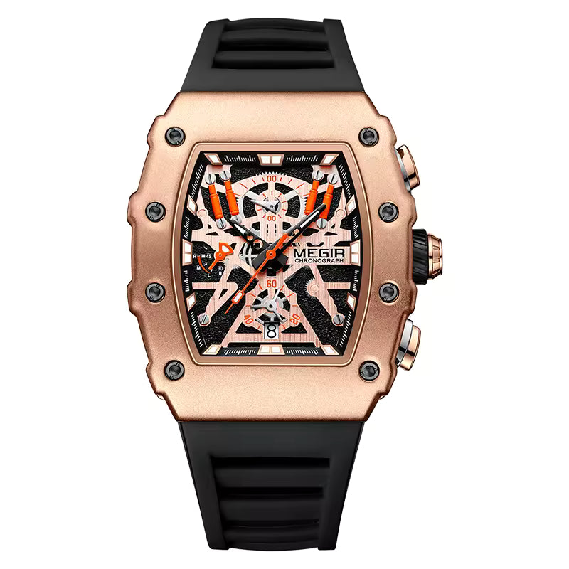 Luxury rose gold tonneau case chronograph watch with bold dial, motorsport-inspired design, and black rubber strap