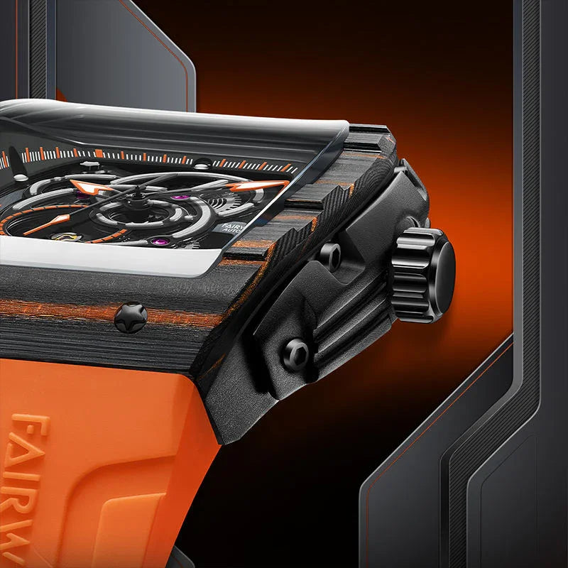 Luxury racing-inspired watch with orange strap, carbon fiber case, and bold skeleton dial